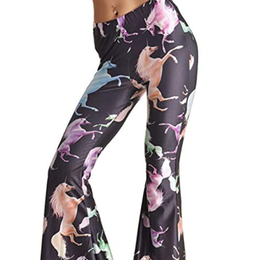 Pink Queen Unicorn Flared Bell Bottom Pants Black Size M EUC